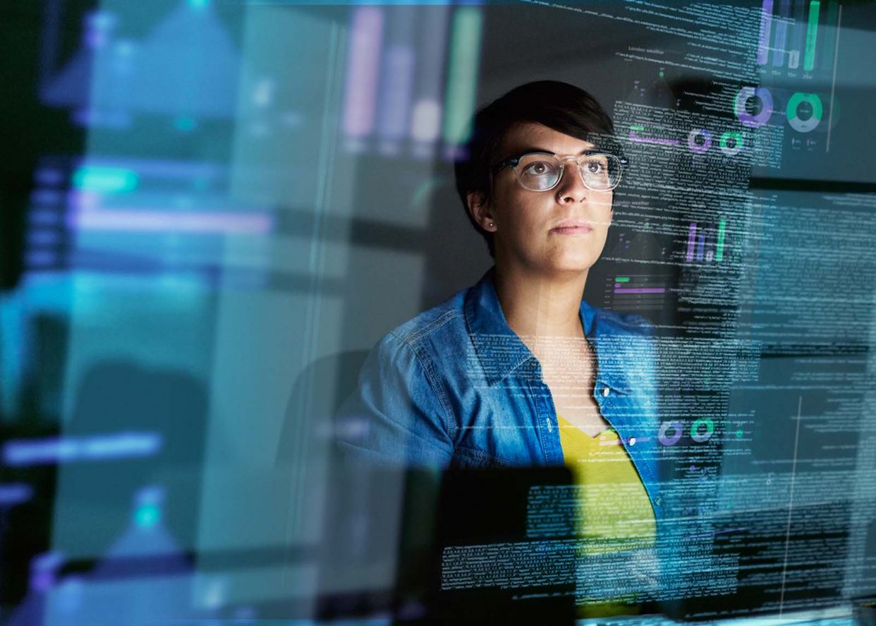 intelligent automation expert analyzing data dashboards