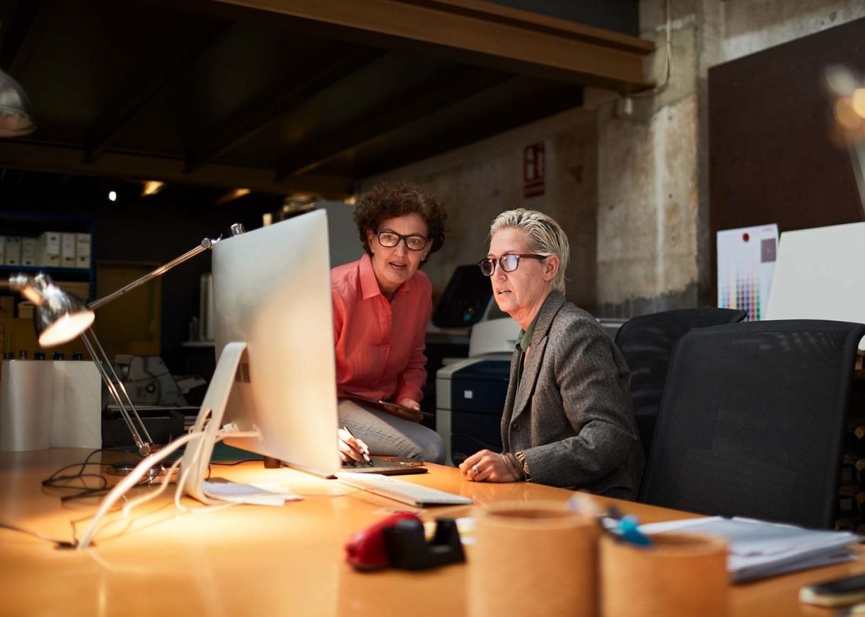 two colleagues working on computer together