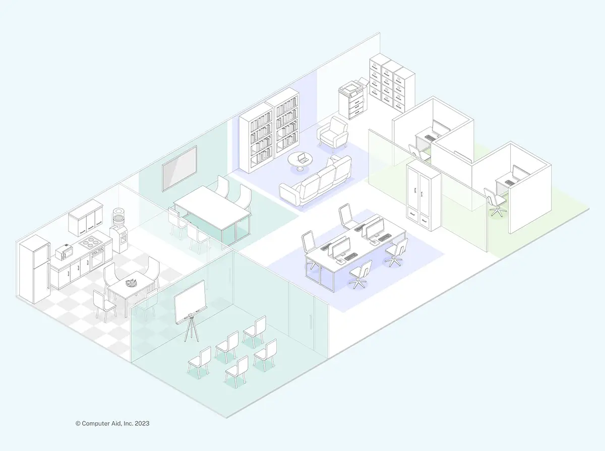 Office illustration featuring zones for work and the locations, acoustics, lighting, colors, and materials to make the settings inclusive. A mix of open, collaborative, and enclosed, private spaces.