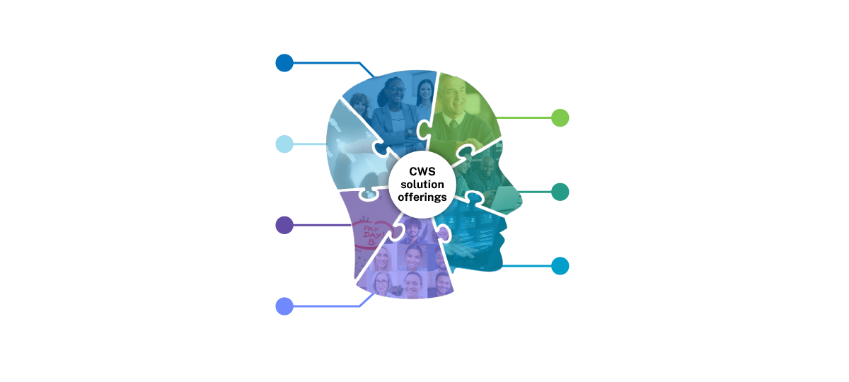 Illustration of a human head made of puzzle pieces, labeled with services like MSP solutions, direct sourcing, payment services, and more, representing integrated workforce solutions.