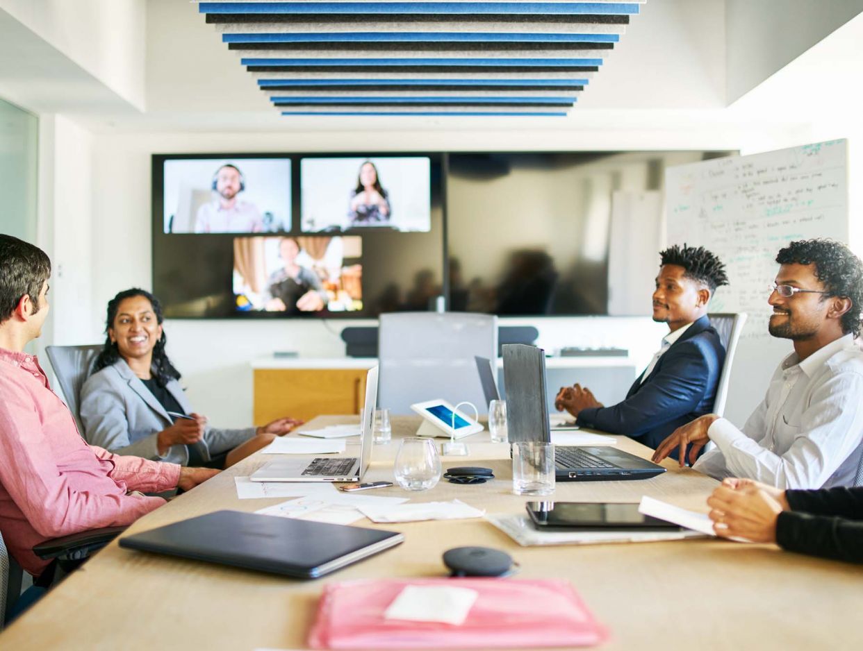diverse group talking virtual conference call