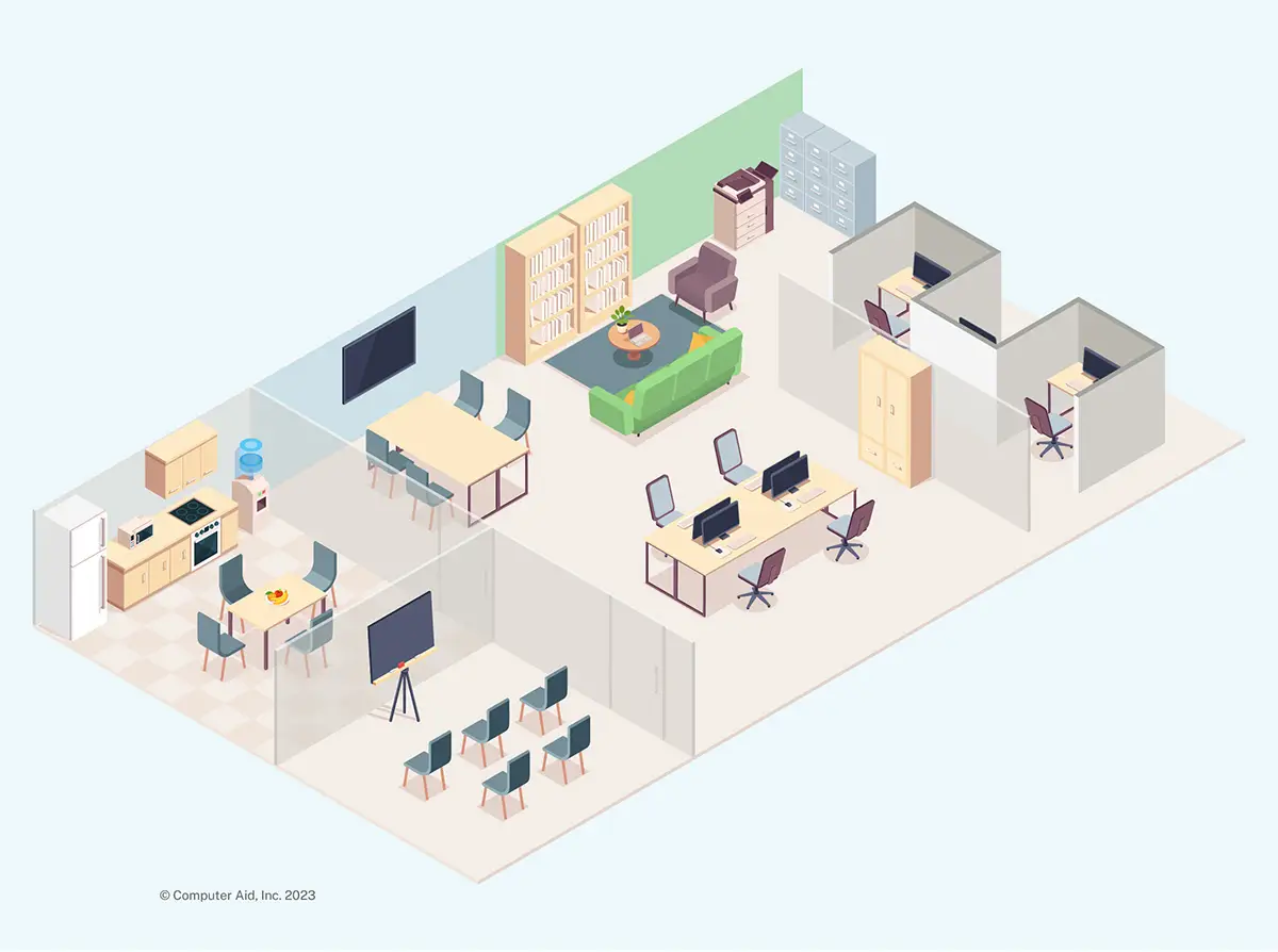 Office illustration featuring color palettes that support hyposensitive and hypersensitive work. Neutral, muted colors for hypersensitivity, and bright, invigorating colors for hyposensitivity.